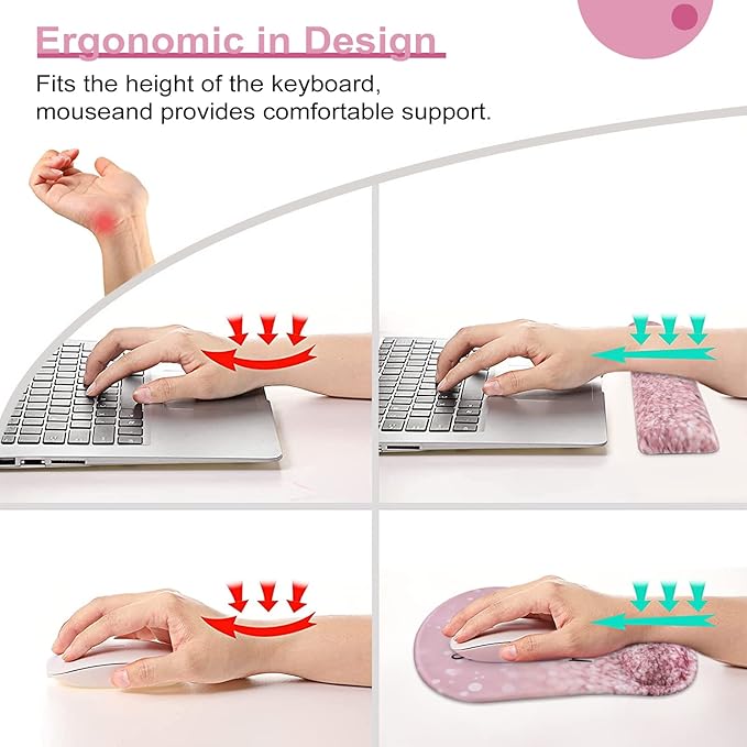 HAOCOO Pink Mouse Pad Support, Keyboard Wrist Rest, Gel Wrist Rest for Computer and Mouse Pad Set, Anti-Slip Base, Keyboard Pad with Coaster for Office Home Women, Stay Positive
