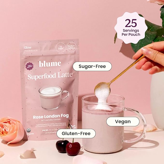 Blume Organic Rose London Fog Earl Grey Tea | Decaf Black Tea, Rose Petal Powder, Vanilla, Tart Cherry, and Bergamot | Plant Based Superfood Latte | Vegan Gluten Free Drink | 25 Servings
