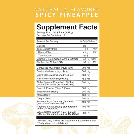Roots Focus Nootropic Brain Supplement, Spicy Pineapple, Blend of Lion's Mane, Cordyceps, and Reishi Functional Mushrooms with Extended-Release Caffeine, 15 Servings