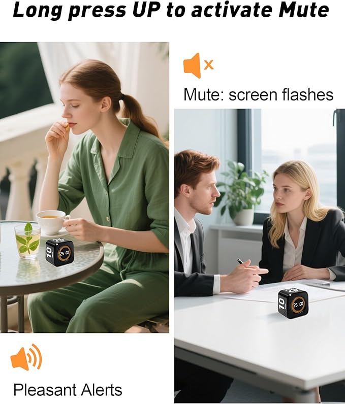 Pomodoro Timer Cube for Productivity — 5/25/10/50 Minutes Preset, Digital Gravity Sensor Desk Visual Timer for ADHD, Silent Mode, Ideal for Office, Study, Kitchen & Kids