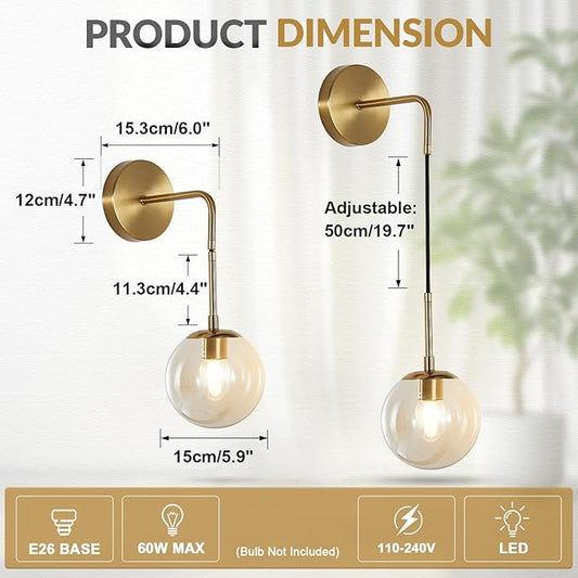 BOKT Mid Century Modern Globe Wall Sconce Lighting Brushed Brass Gold Amber Glass Round Wall Light Fixture Vintage Vanity Globe Bathroom Bar Wall Lamp (Gold+Amber)