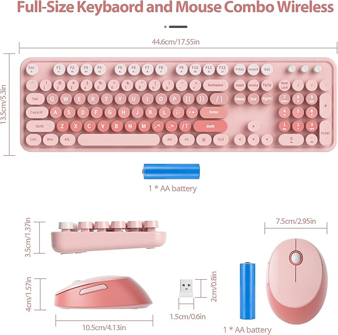 Fogruaden Pink Retro Typewriter Keyboard and Mouse Wireless, 2.4GHz Office Full-Sized Colorful Computer Keyboard with Number Pad and Cute Mouse for Windows PC Desktops Laptop