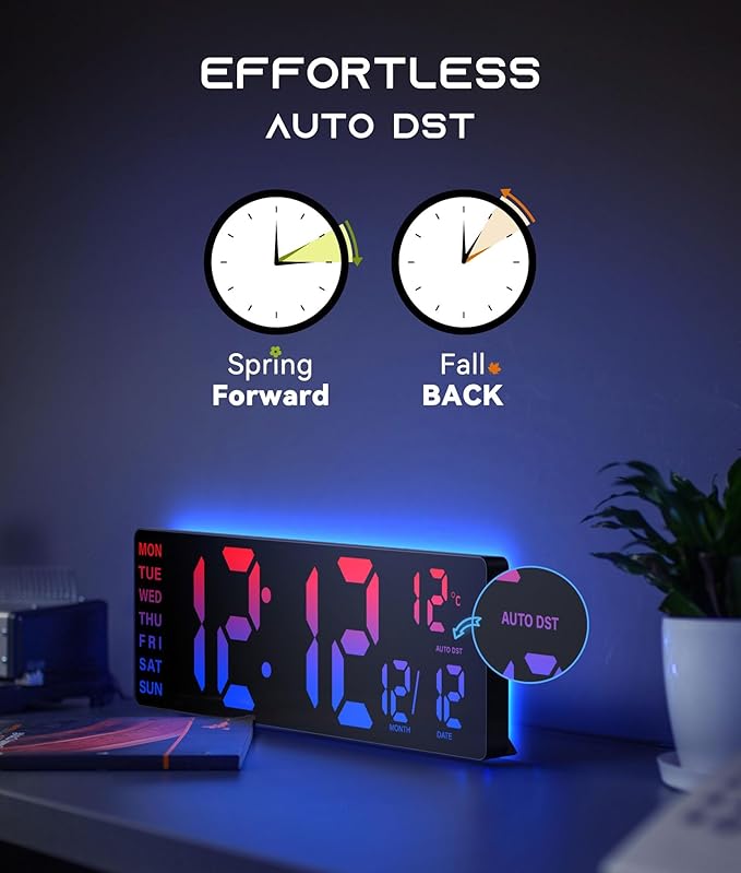 16.5" Large Digital Wall Clock with BT Sync, RGB Lights with 11 Scenes Mode Remote Control, Dual Alarms with Big LED Display, Auto DST, Temperature for Classroom Gaming