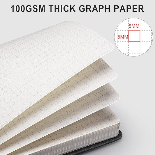 AHGXG Graph Paper Notebook - 320 Pages Grid Notebook Thick Journal A5, 100gsm Thick Graph Paper, Leather Hardcover, Inner Pocket,5.75'' × 8.38''- Black