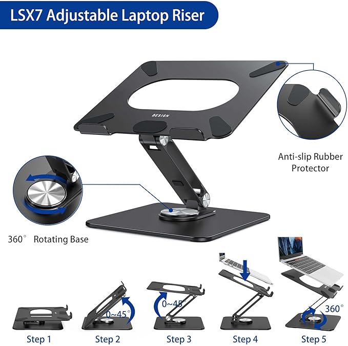 BESIGN LSX7 Laptop Stand with 360 Rotating Base, Ergonomic Adjustable Notebook Riser Holder Compatible with Air, Pro, Dell, HP, Lenovo More 10-15.6" Laptops (Black)