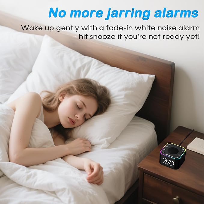 Sound Machine with Alarm Clcok: 30 Non-Looping Sleep Sounds - White Noise Alarm Clock for Natural Wake Up - Adjustable Volume & Light, Memory Function, Sleep Timer (Black)