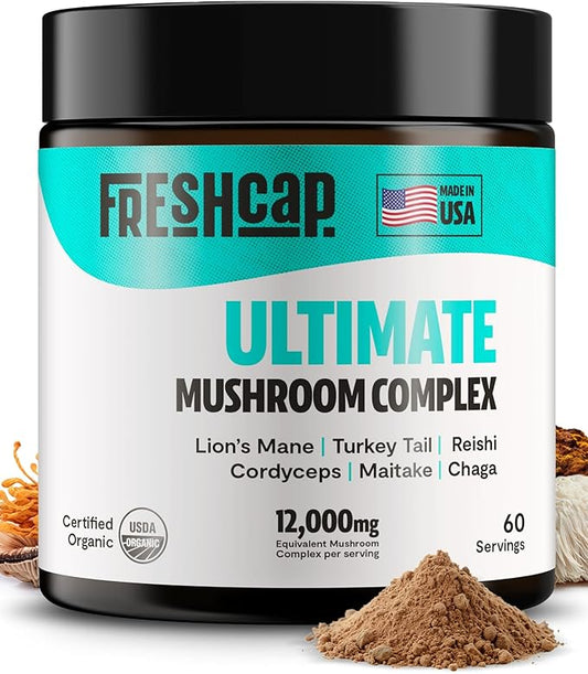 FreshCap Mushrooms Ultimate Mushroom Supplement Powder 12,000mg - Nootropic Organic Mushroom Complex for Focus & Memory, Brain Support Supplement, Ayurveda Mushroom Powder Extract (60 Servings)
