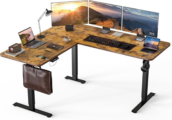 63 x 55 inch L Shaped Standing Desk, Corner Computer Desk, Electric Adjustable Height Stand Up Table, L Sit Stand Desk for Home Office Gaming, Rustic Brown