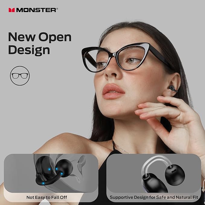 Monster Open Ear AC339 Earbuds, Bluetooth 6.0 Earphones Stereo Sound, Open Ear Clip Wireless Earbuds 40 Hours Playback,Touch Control, IPX6 Waterproof