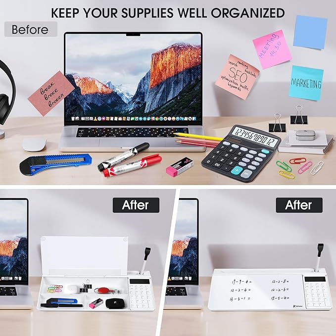 Varhomax Glass Desk Whiteboard with Calculator, Desktop Dry Erase White Board with Storage, to Do List Memo Notepad for Home and Office