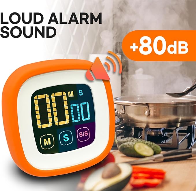 Digital Kitchen Timer, Countdown, Countup, Protective Rubber case, Large Display with Color Bold Digits, Touch Control, Backlit, Magnetic Kickstand, Loud Alarm, Auto Memory (Orange)