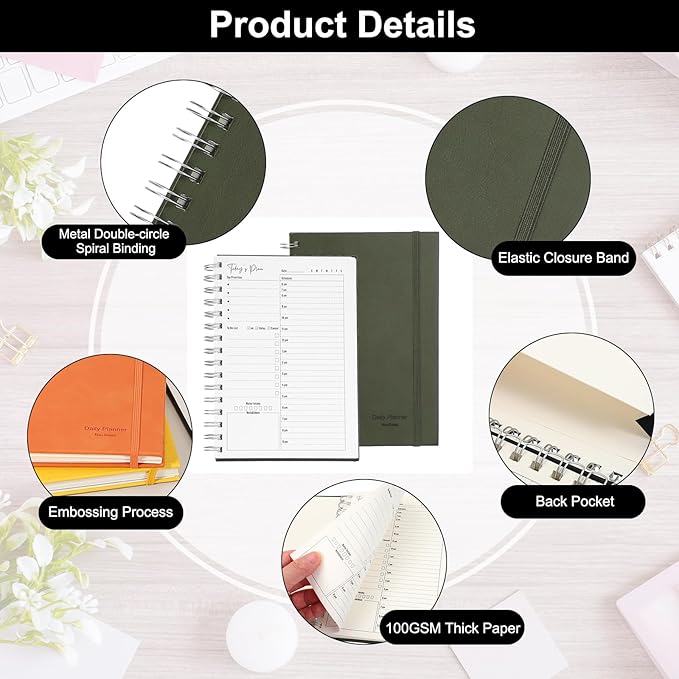 PATIKIL Undated Daily Planner with Hourly Schedule, A5 5.5"x 8.5" To-Do List Hard Cover Spiral Notebook Appointments Planner with Inner Pocket to Organize Daily Tasks Agendas, Green