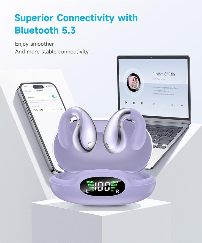 Ultra Open Ear Earbuds - Ergonomic Clip-On Earbuds, Small Bone Conduction Over-The-Ear Headphones with Waterproof Design, Perfect Running Headphones for Sports and Fitness, Purple