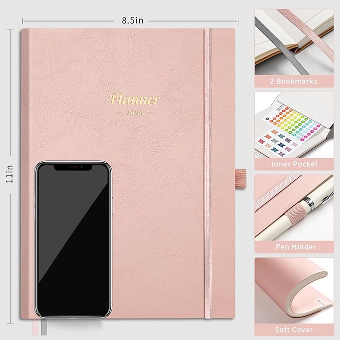 AHGXG 2026 Planner, Weekly and Monthly Planner 2026-2027, Large A4 8.5"x11", Calendar 15-Months Jan 2026 - Mar 2027, Vegan Leather SoftCover, Inner Pocket, Rose Gold