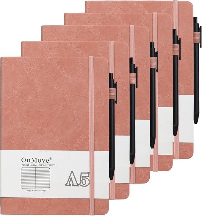Notebooks Journal for Women Men 5 Pack Bulk Leather Hardcover with Pen Holder A5 160 Pages 100 GSM Thick Paper for Work School Lined Pink