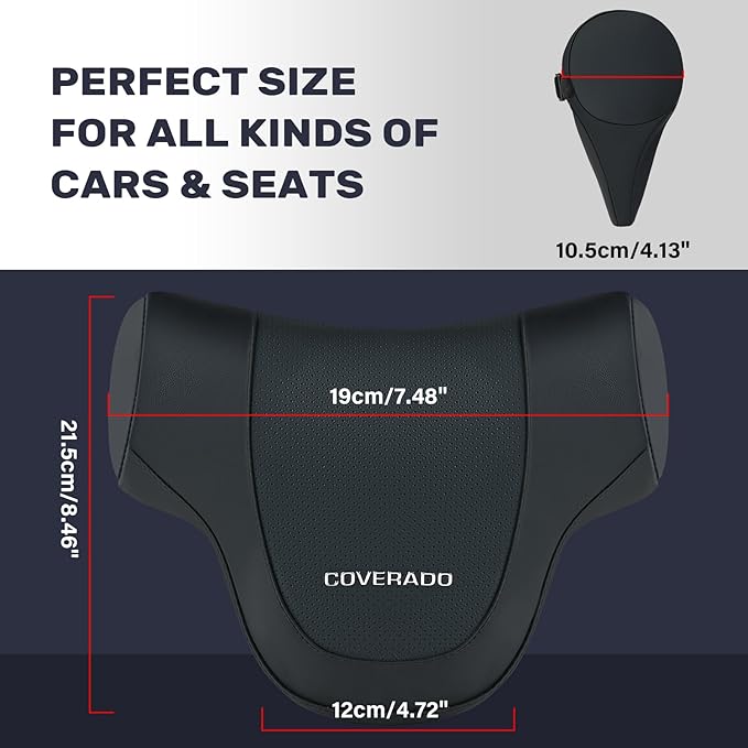 Coverado Car Headrest Pillow, Ergonomic Memory Foam Car Neck Pillow for Driving Seat with Adjustable Strap, Soft PU Leather Breathable Removable Cover Neck Support for Neck Pain Relief, BlackRed