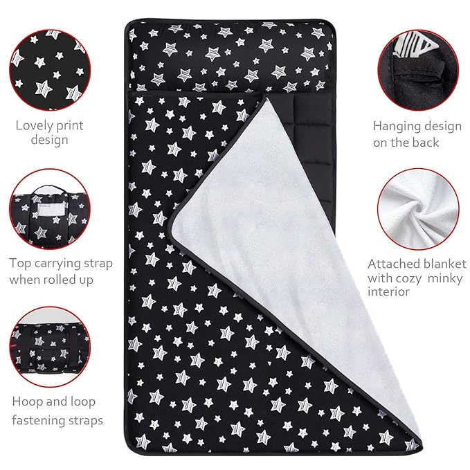 Toddler Sleeping Bag Nap Mat Black with Fleece Blanket, Lightweight, Soft Perfect for Kids Preschool, Daycare, Travel Sleeping Bag Boys Girls, 21" x 50" Fit Standard Cot