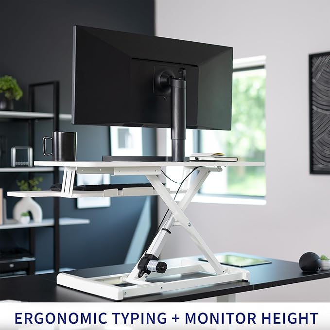 VIVO 36 inch Electric Motor Desk Converter, Height Adjustable Riser, Sit to Stand Dual Monitor and Laptop Workstation with Wide Keyboard Tray, White, DESK-VE36W