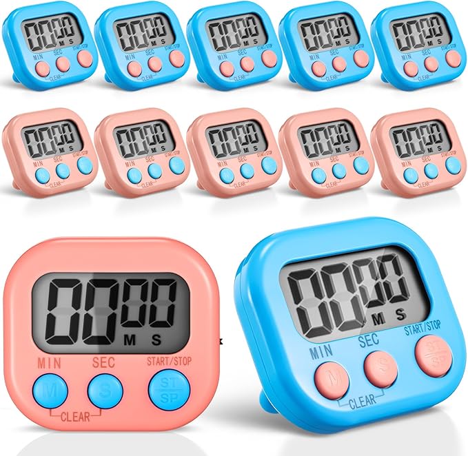 Xuhal 12 Pieces Digital Kitchen Timer Bulk, Small Magnetic Timers for Classroom, Digits Stopwatch Clock Timer for Cooking Baking Sports Games Office, Not Including Battery (Pink,Blue)