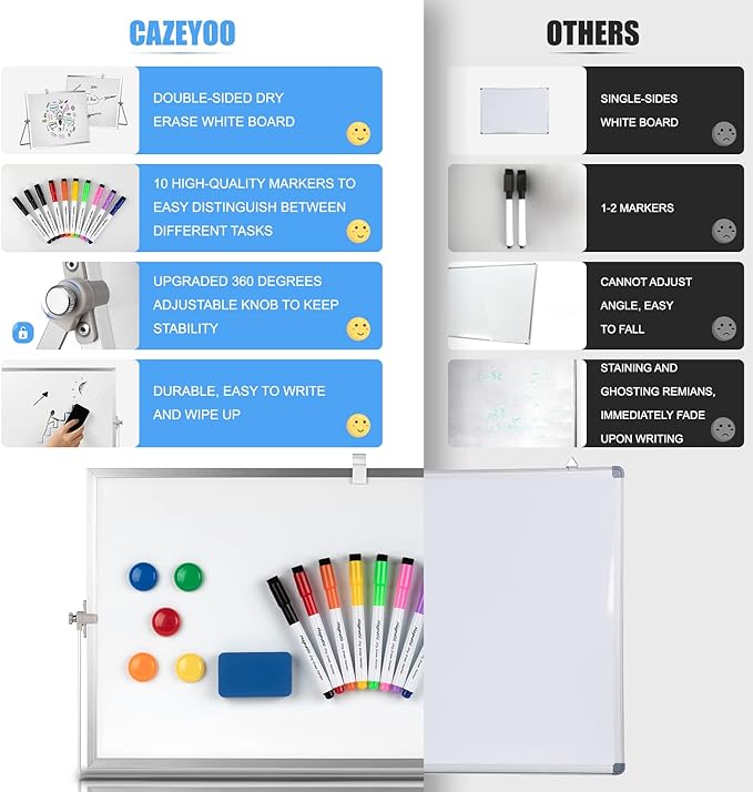 Dry Erase White Board, Cazeyoo Magnetic Desktop Whiteboard 16 x 12inch with Stand, 10 Markers, 4 Magnets and 1 Eraser, Portable Double-Sided White Board for Kids Drawing, Office, Home, School