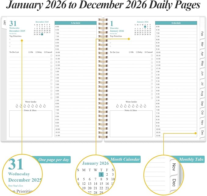 2026 Daily & Monthly Planner - One Page Per Day, Daily Planner from January 2026 - December 2026, Planner 2026 with 12 Monthly Tabs, 8.5" x 11", Flower-A