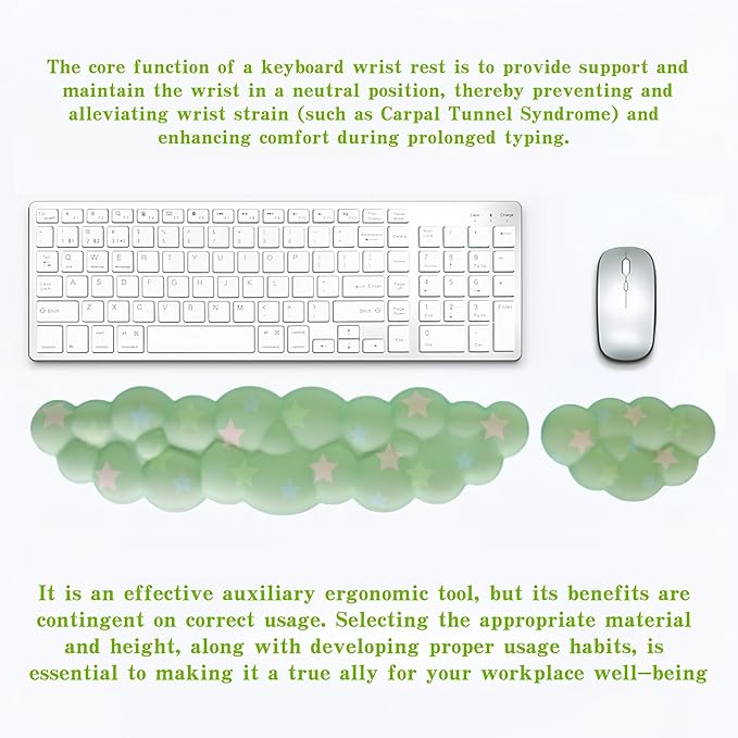 Cloud Wrist Rest Set for Keyboard and Mouse, Includes Cute Coaster, with Computers and Laptops (Green Colorful Star Set)