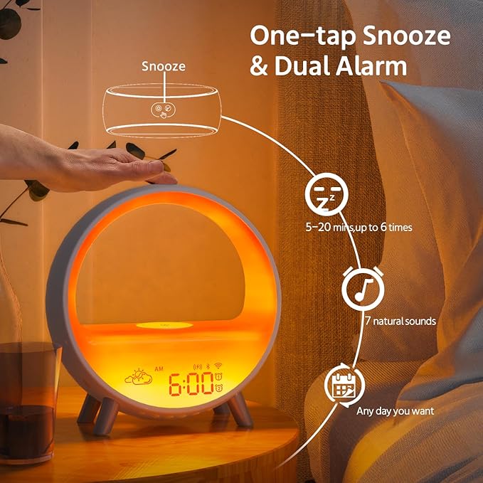 MOMILLA Smart Alarm Clock with Wireless Charging Station, Wake up Light w/Bluetooth Speaker, Compatible with Airpods/iPhone, APP Control White Noise Sound Machine, Sunrise Alarm Clocks for Bedrooms