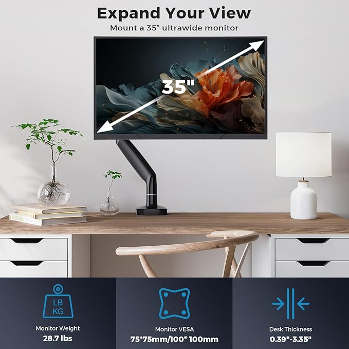 Curved Monitor Mount Single Arm Holds to 28.6 lbs, Ultrawide Monitor Stand for 35" Screens, C-Clamp & Grommet Base, +90° to-45° Tilt,180°Swivel,360° Rotation,VESA 75x75 or 100x100mm,for Curved/Flat
