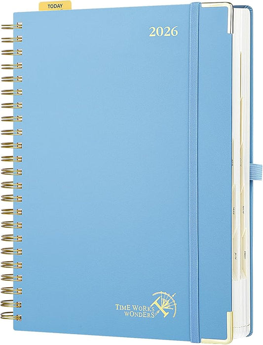 POPRUN 2026 Daily Planner One Page A Day - [A4 Large Size 8.25" x 12" -Spiral Hard Cover], Agenda 2026 Hourly Appointment Book with Monthly Calendar, Pen Holder, Ivory Paper -Haze Blue
