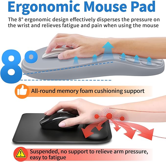 Ergonomic Mouse Pad with Wrist Rest Support, Mousepad with Comfortable Memory Foam Wrist Rest and Non-Slip PU Base for Pain Relief, Computer, Laptop, Office, Home (Light Gray)
