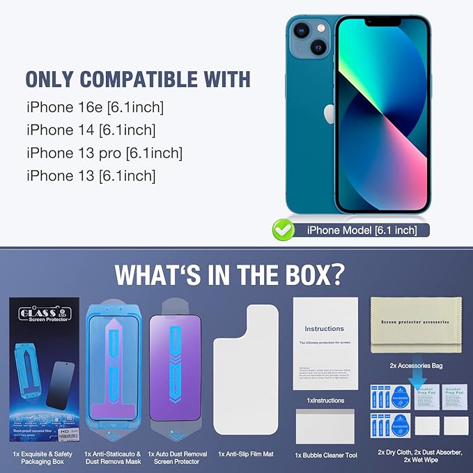 2-Pack Anti Blue Light Matte Screen Protector for iPhone 16e/iPhone 14/iPhone 13 Pro/iPhone 13, 9H Tempered Glass, Full Coverage, Anti-Fingerprint, Auto Dust-Elimination, No Bubble, Easy Installation