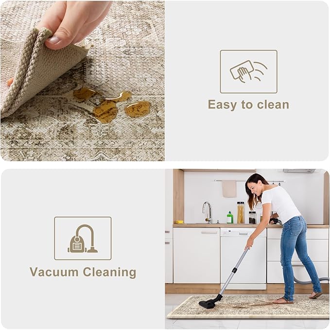 KIMODE Anti Fatigue Kitchen Mats 20"x71"+20"x32", Boho Distressed Kitchen Rugs Sets of 2, Non Slip Waterproof Kitchen Floor Mats, Memory Foam Kitchen Mat for Sink Laundry Desk Bedroom Khaki