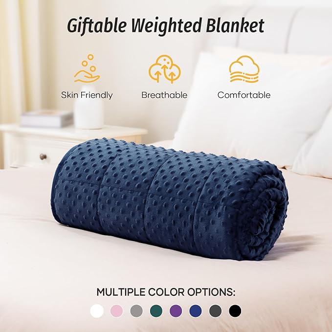 Wemore Minky Dot Weighted Blanket for Adults Twin Size 15 lb, Soft Heavy Blanket for Stress Relief and Sleep Promotion, Breathable Blanket for All-Season with Glass Beads, Navy Blue 60 x 80 inches