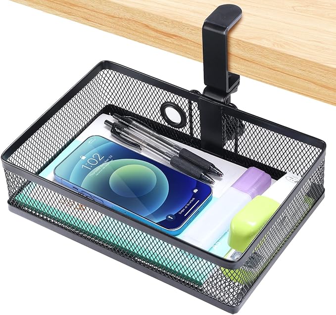 ROSYLINE Drawer Under Desk Storage Organizer, Clamp on Desk Drawer, Under Desk Storage, Clamp Drawer Basket, Hanging Desk Storage, Under Desk Mount Tray, Suitable for Multiple Scenes (Black)