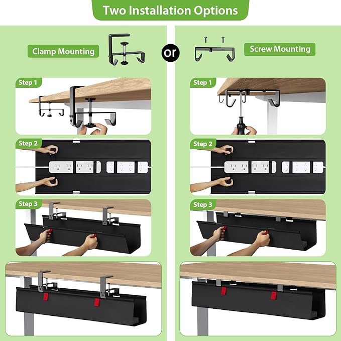 KEEGH No Drill Under Desk Cable Management Tray - 28" Cord Management Under Desk - Clamp/Screw Mount - Support Upto 70lbs - Fabric Wire Management - Gaming/PC Cable Tray Cord Hiders for Office/Home
