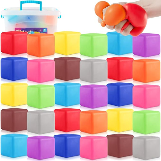 Slow Rising Stress Cube 30 Pack, Square Cube Fidget Ice Cube Stress Balls, Dough Stress Balls Soft Fidget Squishy Toys for Anxiety Relief, Pull Stretch Squishy Toy, Classroom Prize Box Toys (30PACK)