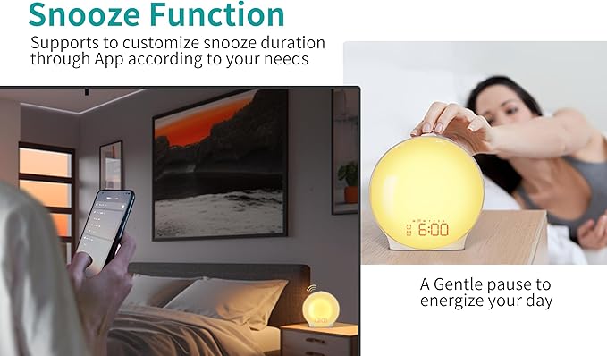 MOMILLA Smart Kids Alarm Clock, White Noise Sound Machine, Sunrise Wake-up Light with App Control, FM Radio, Sunset Night Light, Dual Alarms for Heavy Sleepers