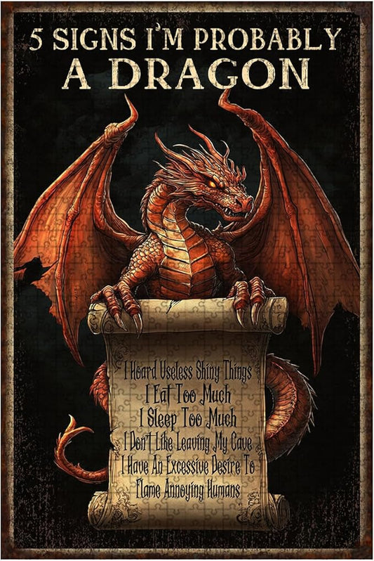 500 Piece Wooden Puzzle Dragon Tin Plaque 5 Signs I'm Probably A Dragon Quick Play Focus Tool for Adults Kids Quiet Play Therapy 20.4x15 Inch