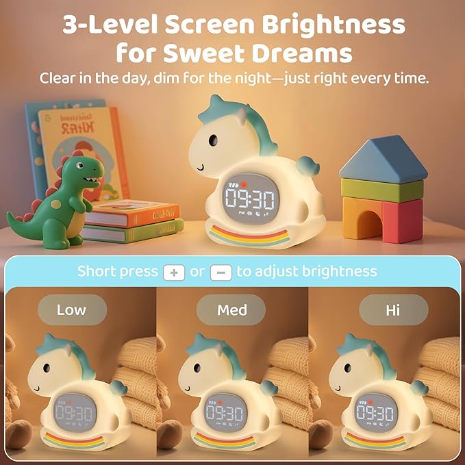Alarm Clock with Night Light for Kids with Sleep Training and Sound Machine, Rechargeable Silicone Lamp OK to Wake Clock，Cute Animal Tabletop Lamp, Perfect Sleep Companion for Boys Girls，Blue Pony