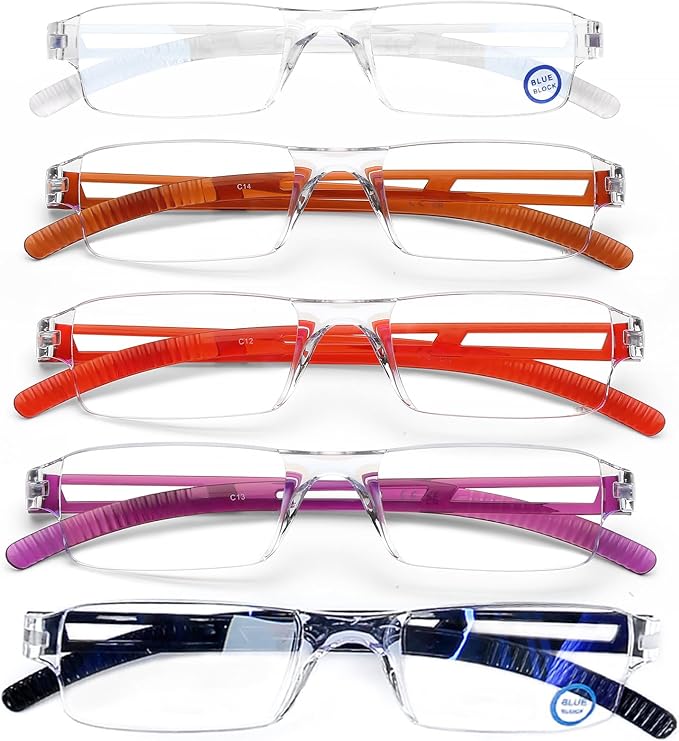 AQWANO 5 Pack Rimless Computer Reading Glasses Blue Light Blocking, Fashion Clear Frames Lightweight & Comfort Readers for Women Men Anti Glare/Eyestrain, 2.0