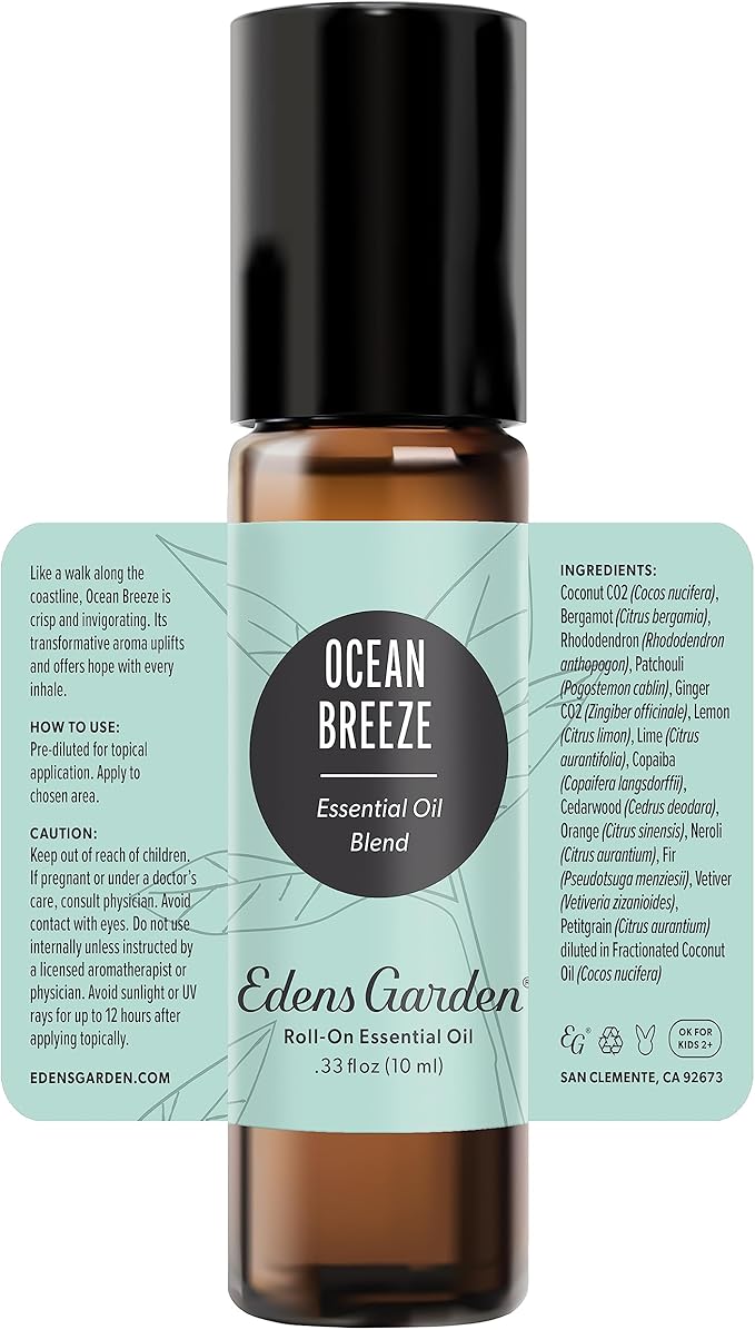 Edens Garden Ocean Breeze Essential Oil Roll-On Blend- 100% Pure Premium Grade, Natural, Therapeutic, Aromatherapy, Kid & Skin Safe, The Best for Comfort, Relaxation Pre-Diluted 10 ml (.33 fl oz)