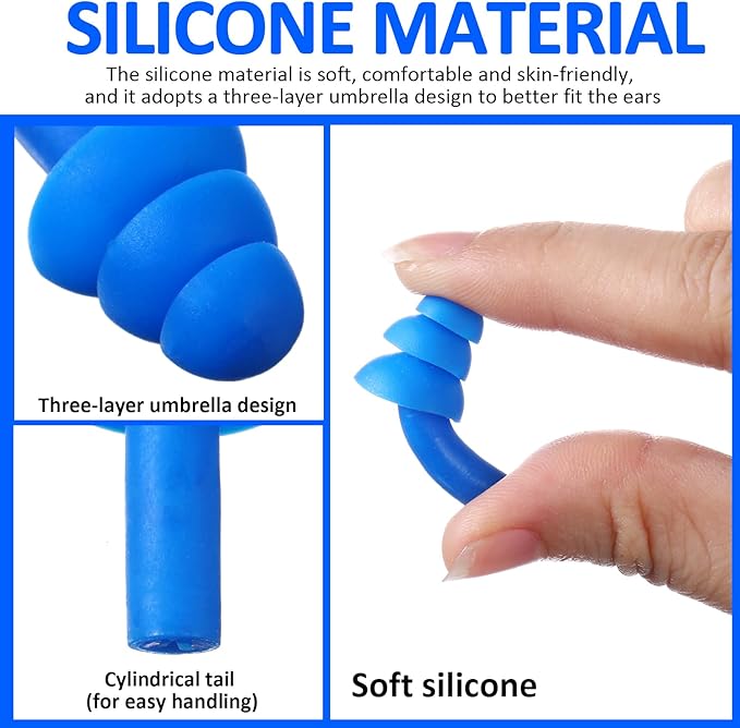 Xuhal 200 Pair Corded Ear Plugs Reusable Silicone Earplugs Individually Wrapped Hearing Protection Sleep Noise Cancelling for Work Construction Shooting Sports Noise Reduction(Blue, Dark Blue)