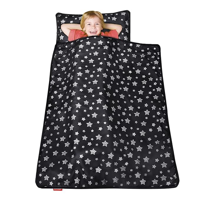 Toddler Sleeping Bag Nap Mat Black with Fleece Blanket, Lightweight, Soft Perfect for Kids Preschool, Daycare, Travel Sleeping Bag Boys Girls, 21" x 50" Fit Standard Cot