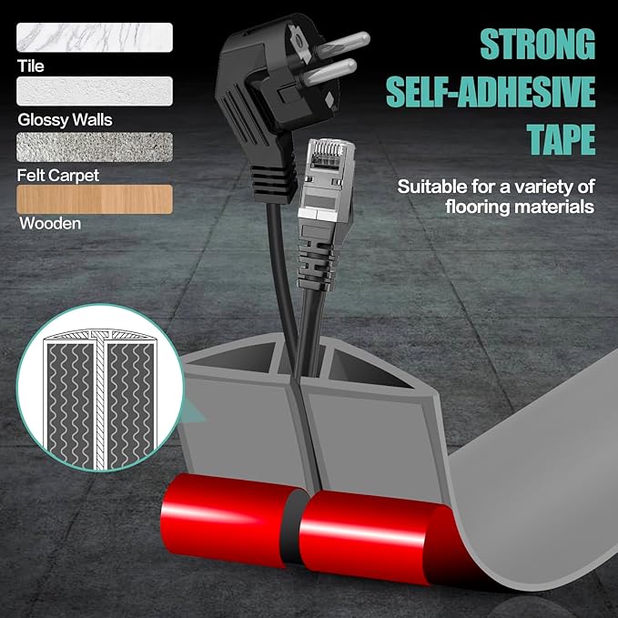 Floor Cord Cover Self Adhesive Cord Hider,3.3FT Cable Management, Extension Strip Protector for Wires, Prevent Cable Trips for Offices, Gyms, Exhibitions Cavity:0.3"(W) x 0.28"(H) Gray