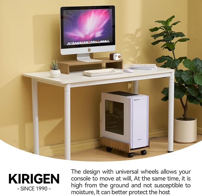 KIRIGEN Computer Tower Stand Cart - Heavy Duty Desktop Mobile Cart Holder for Computer Host with 4 Mute Caster Wheels - Wood Rolling ATX PC Case Rack, CPU Case Protecting Shelf (ZJJ Dark Brown)