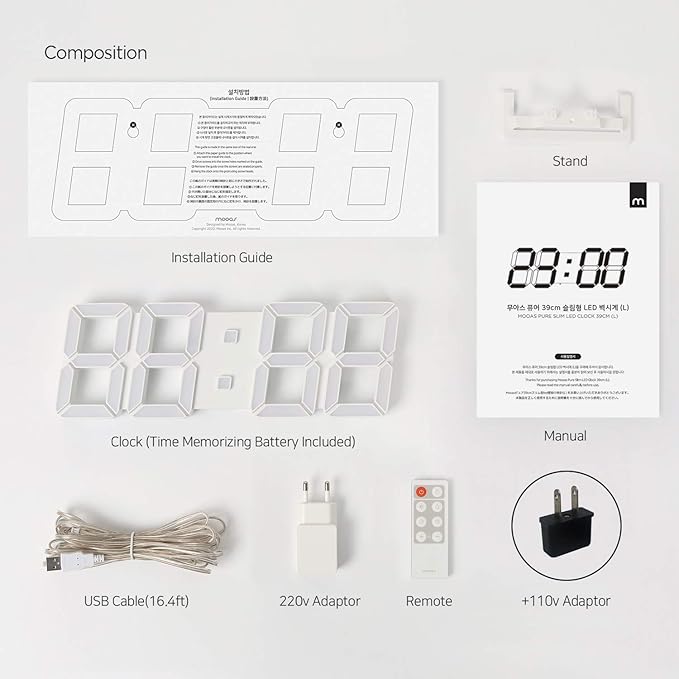 mooas 3D Pure Slim L LED Clock, Multi-Function LED Digital Clock (Calendar, Alarm, Temperature) (15.4" Slim L White Wall Clock with Remote Control)