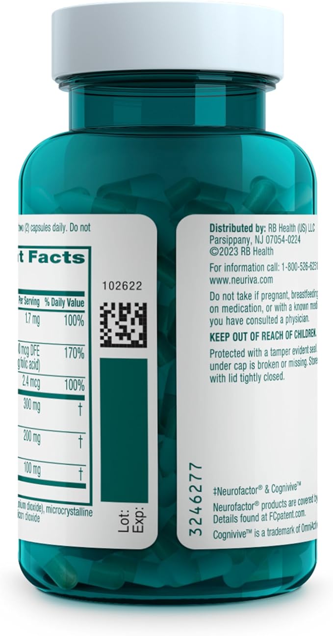 NEURIVA Ultra Decaffeinated Clinically Tested Nootropic Brain Supplement for Mental Alertness, Memory, Focus & Concentration, Cognivive, Neurofactor, Phosphatidylserine, Vitamins B6 B12, 60 Capsules