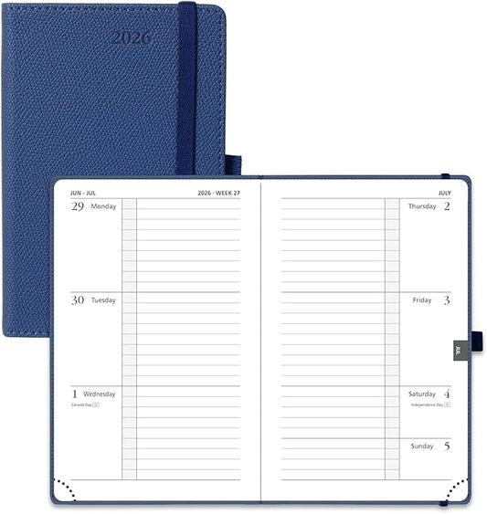 POPRUN Weekly Planner 2026 Calendar (Pocket 4'' x 6.25'') 12 Months Notebook with Horizontal Layout, Leather Hardcover, Inner Pocket, 100GSM Thick Paper, Pen Holder - Navy Blue