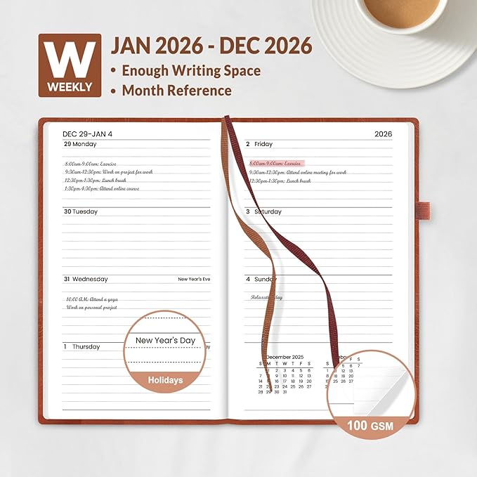 SUNEE 2026 Pocket Weekly Planner for Purse 3.5" x 6" - 12 Month (January 2026 - December 2026), Small Size Planner, Hardcover, Note, Brown