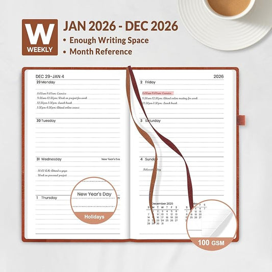 SUNEE 2026 Pocket Weekly Planner for Purse 3.5" x 6" - 12 Month (January 2026 - December 2026), Small Size Planner, Hardcover, Note, Brown
